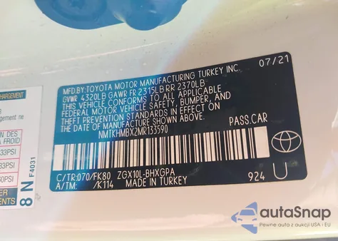 2021 Toyota C-Hr Xle из США, поврежденный, VIN NMTKHMBX2MR133590